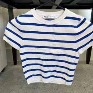 Zara Nautical Blue and White Short Sleeve sweater